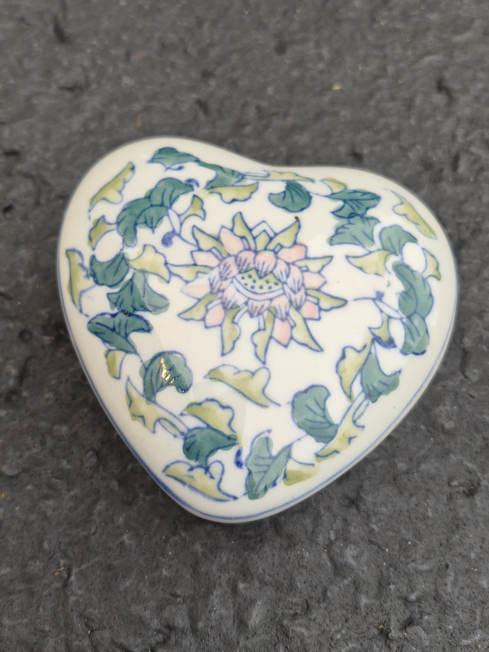 Heart Shaped Porcelain Trinket Box with Green Leaf Motif